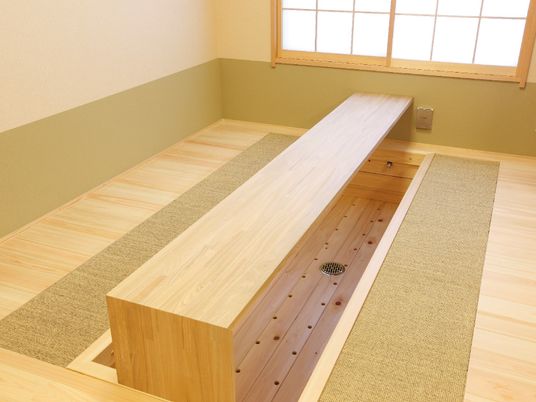 長方形の足湯が設置された和風の部屋には障子付きの窓や鶯色のマットがある。