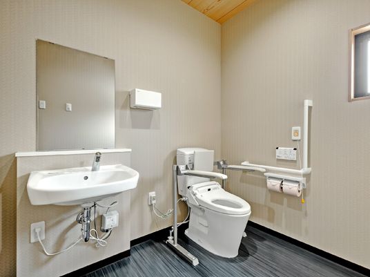 広いトイレには手すりと背もたれ月の便座が付いたトイレがあり、壁にもエル字型の手すりや呼び出しボタンがある。