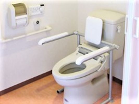 便器の両側に可動式の手啜り、壁に普通の手すりがついている施設内のトイレの様子