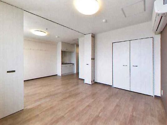 右側に扉付き収納がある部屋の様子。ミニキッチンと左側に照明が付いた部屋がある様子