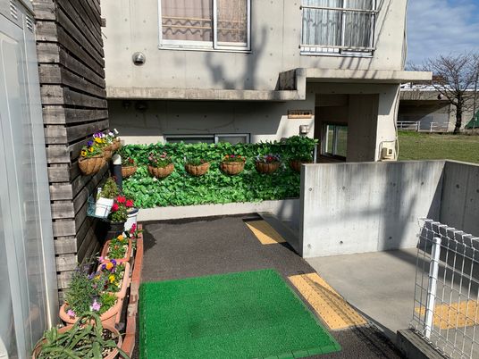 植物がたくさん飾られている施設のエントランス付近。外につながる部分