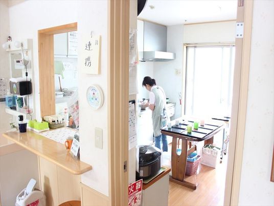 キッチンではエプロン姿のスタッフが食事の準備をしている。