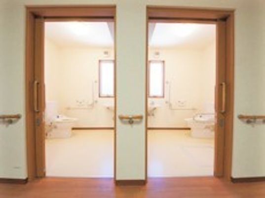 トイレは左右対称で二つ設置され、大きな引き戸が付いている。