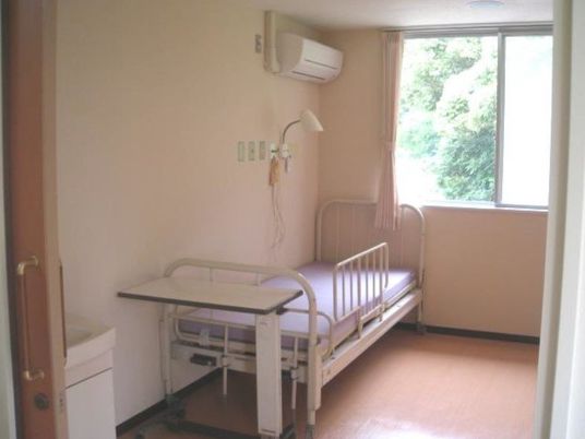 洗面所付きの部屋。ベッドの横にはライトやエアコンが付き、窓の外には緑が見える。