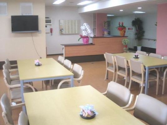 6人掛けのテーブルが3つ並んだダイニングにはテレビが設置され、館内には観葉植物が多く置かれている。