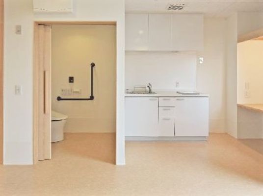 アコーディオンカーテンが付いたトイレとオール電化のキッチンがある居室。