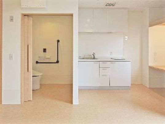 アコーディオンカーテンが付いたトイレとオール電化のキッチンがある居室。