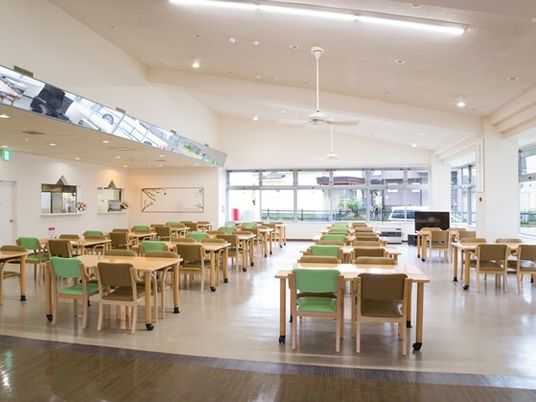 ブラウンやグリーンの椅子がセットされたテーブルが複数置かれた食堂は天井が高く広々としている。