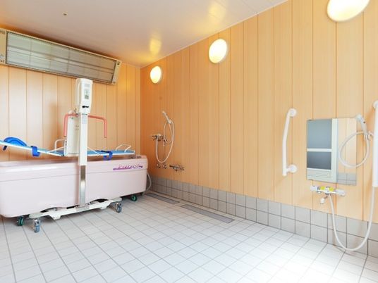 木目調の壁が明るい雰囲気の機械浴室には、手すり付きのシャワーもある。