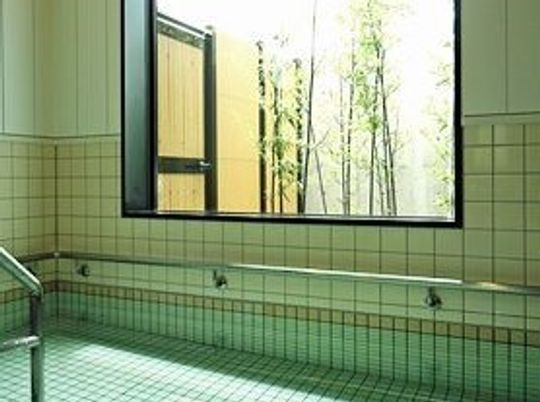 手すりが低い位置にもついている浴槽。中庭を眺められる窓がある