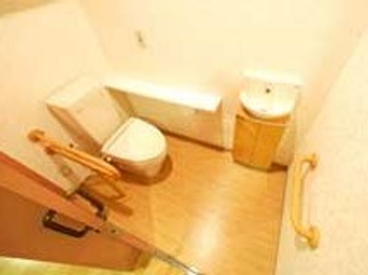 施設内のトイレ・洗面台を上から写した写真。両側に手すりがある高齢者用のトイレ
