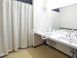 車いす対応の洗面所が二つ並び、大きな鏡が付いている。右手にはカーテンが付けられている。