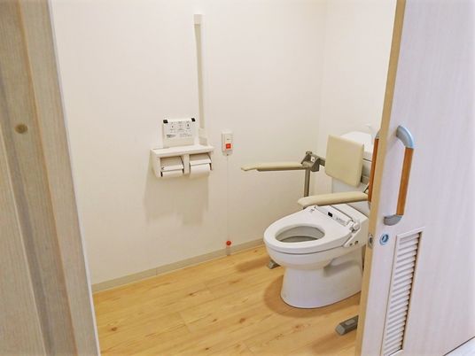 呼び出しボタンや手すりが付いたトイレ。便座にも手すりと背もたれが付き、引き戸で開け閉めするドアが付いている。