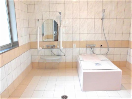 多方面から介助が可能な一人用の浴槽が置かれた浴室。手すりやシャワーも設置されている。