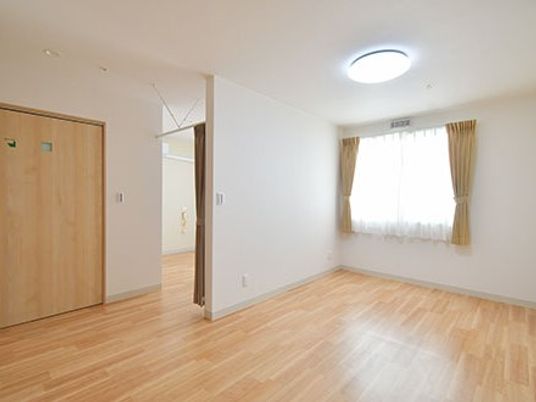 クローゼットと2組のカーテンが備えられている広い部屋