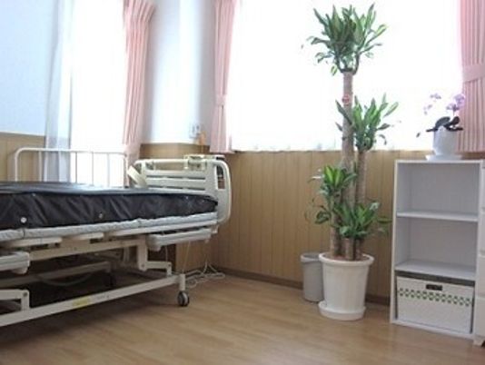 フローリングの部屋には介護ベッドが置かれ、観葉植物や花も飾られ、大きな窓にはカーテンが付いている。