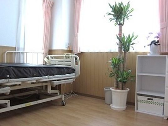 フローリングの部屋には介護ベッドが置かれ、観葉植物や花も飾られ、大きな窓にはカーテンが付いている。