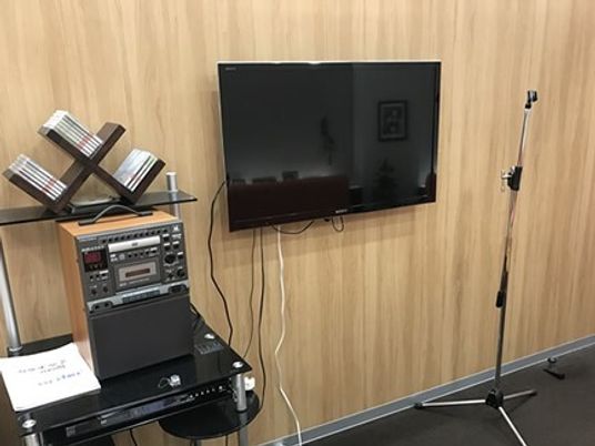 大型の壁掛けテレビが設置された木目調の壁の部屋にはカラオケ機器が置かれ、スタンドマイクもある。