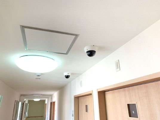 白い天井には大きな照明が付き、360度撮影可能な防犯カメラが２台設置されている。木製の居室ドアには小窓も付いている。