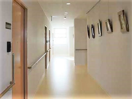 廊下の右側には絵画が飾られ、左側には居室が並び、奥には窓があり明るい雰囲気。