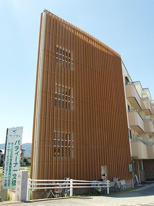 背の高い鉄骨造の建物の外観。パティーナ一文橋の外観を写したもの
