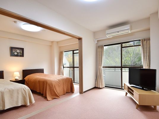 ２台のベッドが置かれた広い部屋には大きなテレビがあり、ベランダの奥には自然あふれる風景が広がっている。