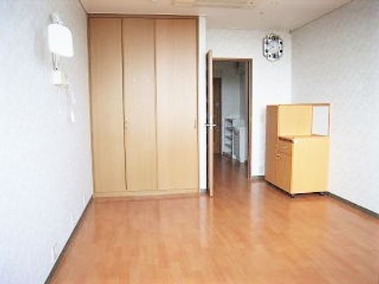 フローリングでシンプルな居室。大きな収納やエアコンが付き、明るい雰囲気。