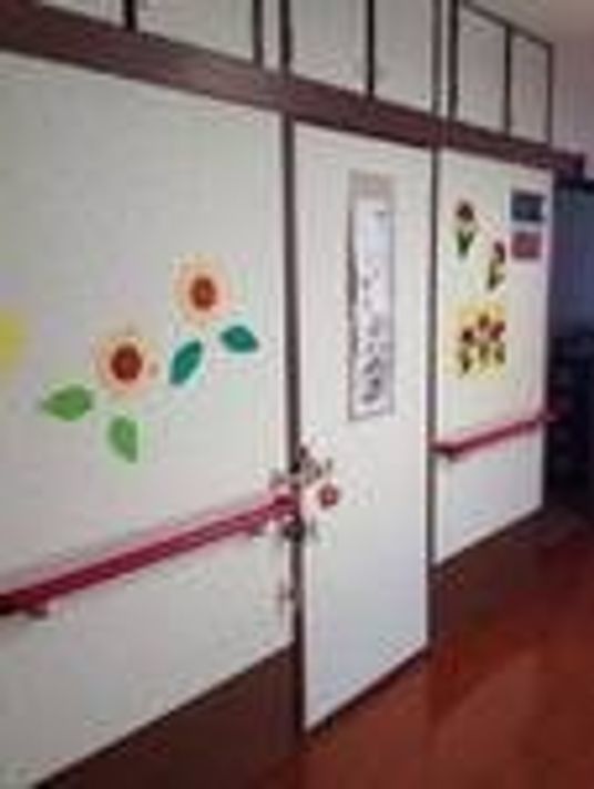白い壁に掲示物が飾られている様子。中央に個室のドア、その両側に手すりがある様子