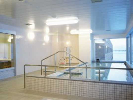 手すりが取り付けてある浴室の様子。広めの大浴場を写した写真