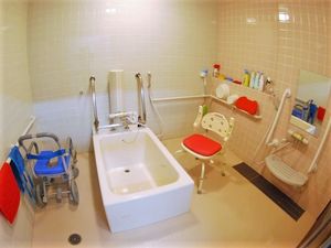洗い場が広い浴室には白い個浴槽と浴室用車いすやシャワーチェア、シャワーがある。