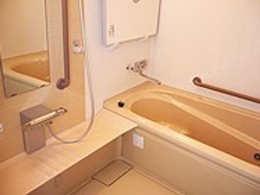 手すりがついている施設内の浴室の様子。家庭的なサイズの浴槽が写っている写真