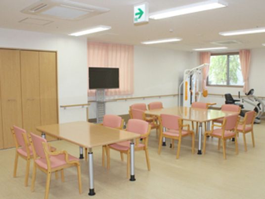 ピンクのいすが設置されたダイニングテーブルが複数あり、テレビやリハビリマシンも置かれている。