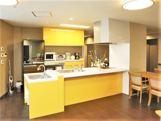 やわらかい色合いのシステムキッチンの様子。フローリングの床のリビングルームの写真
