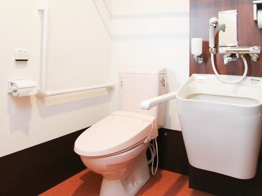 手すりとオストメイトがある施設内のトイレの様子。介護仕様のトイレの写真