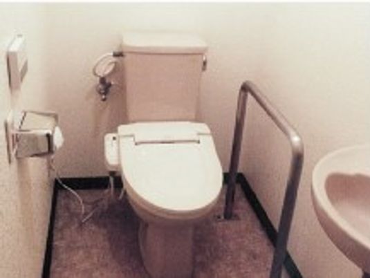 トイレには手すりが付き、温水便座を使用。手洗い場もある。