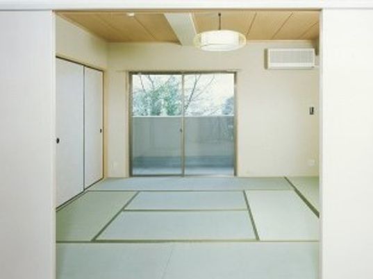 本格的な畳敷きの和室には押し入れやエアコン、大きな窓が付いている。