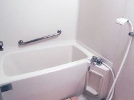 シンプルな浴室は白でまとめられ、手すりやシャワーが付いている。