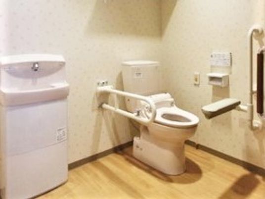 フローリングのトイレには手すりが複数付き、シンプルな手洗い場もある。