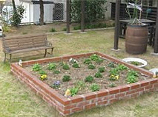 施設内の中庭に植物が植えられている様子。ベンチや水場があるリラックススペース