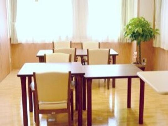 レースカーテンとカーテンが付いた大きな窓が付いている食堂にはダイニングテーブルが複数ある。