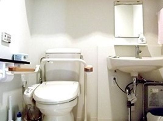 白を基調としたトイレには手すりや手洗い場が付き、安全に利用できる。