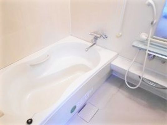広めの浴槽とシャワーがある施設内の浴室。家庭的なサイズの浴室の写真