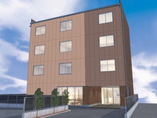 鉄骨造の建物の外観パース。住宅型老人ホームはーとふるの外観写真