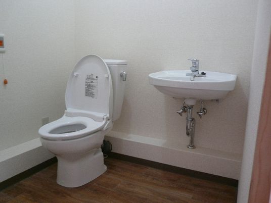 シンプルなデザインのトイレには手洗い場もあり、介助スペースが広い。呼び出しボタンが付いている。