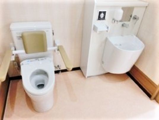 トイレとオスメイトが写った写真。施設内に用意された高齢者向けの特殊なトイレ