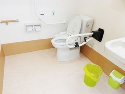 両側に手すりが付いている車いすが入る広さのトイレ。施設内の介護仕様のトイレの写真