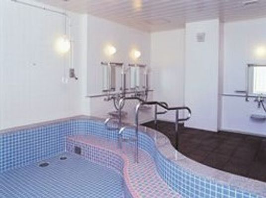 ステンレスの手すりがついている施設内の浴室の様子。プールのような雰囲気の浴槽