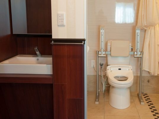 家具調の洗面所の奥には背もたれや可動式の手すりが設置されたトイレがある。