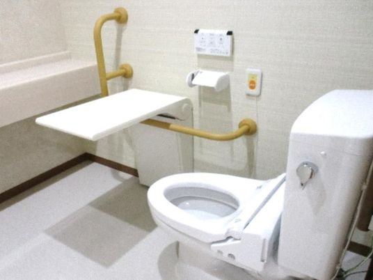 両側に手すりが付いているトイレの様子。緊急コールが取り付けてあるトイレ