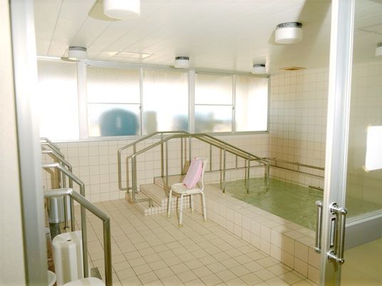 手すりがついたプールのような形の浴槽。ケアハウス内の共同浴室の様子